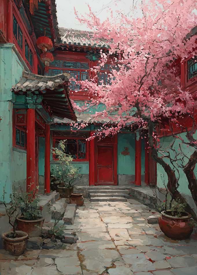Courtyard with Cherry Blossoms and Red Architecture