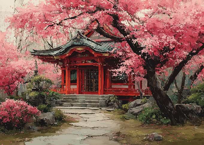 Japanese Temple Amidst Cherry Blossoms