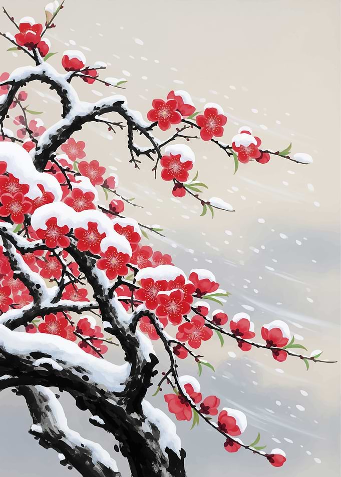 Snow-Covered Cherry Blossoms in Bloom