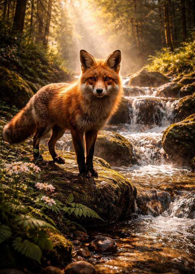 Fox by a Forest Stream