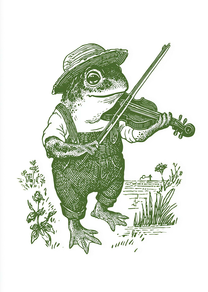 Frog playing violin in overalls