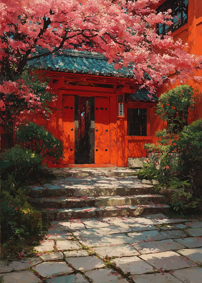 Japanese Temple Entrance with Cherry Blossoms