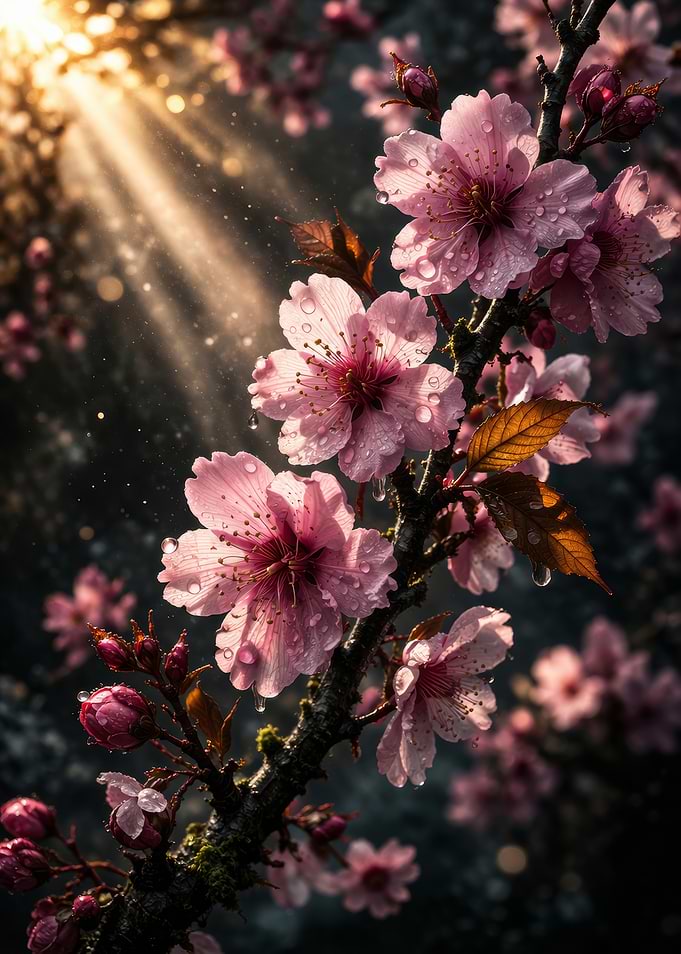 Cherry Blossoms with Raindrops and Sunlight