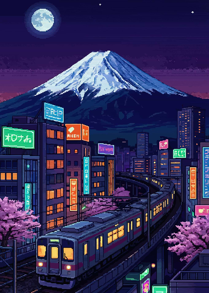 Pixel Art Train in Japanese City at Night