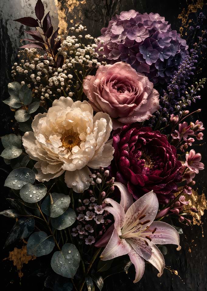 Elegant Floral Arrangement with Water Droplets