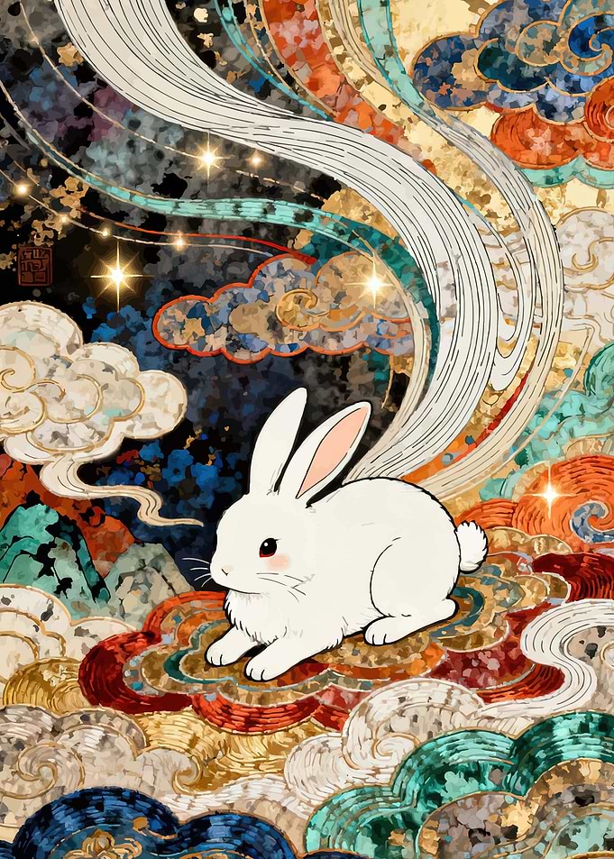 White Rabbit on Colorful Clouds