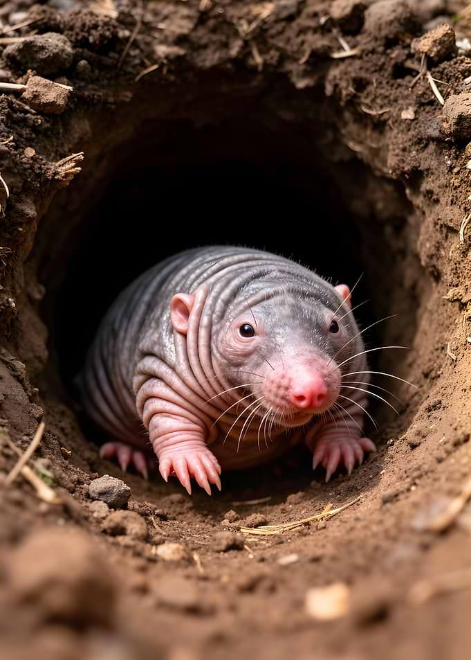 Naked Mole Rat Emerging from Burrow