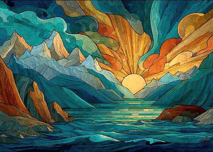 Stained Glass Mountain Sunrise Over Water