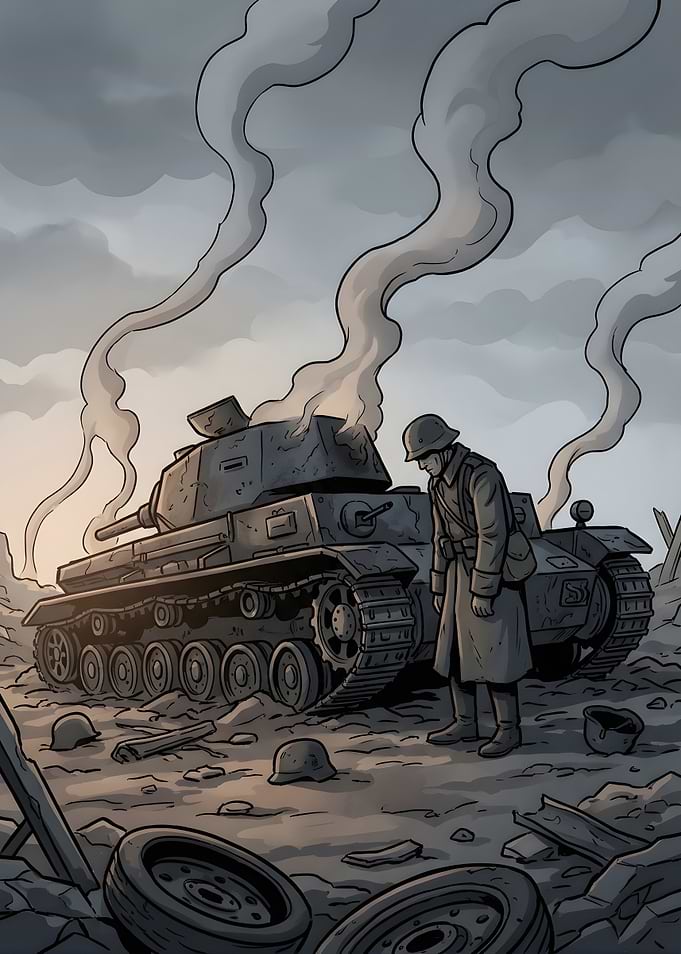 Soldier and destroyed tank