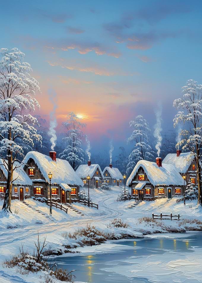 Cozy Winter Village at Sunset