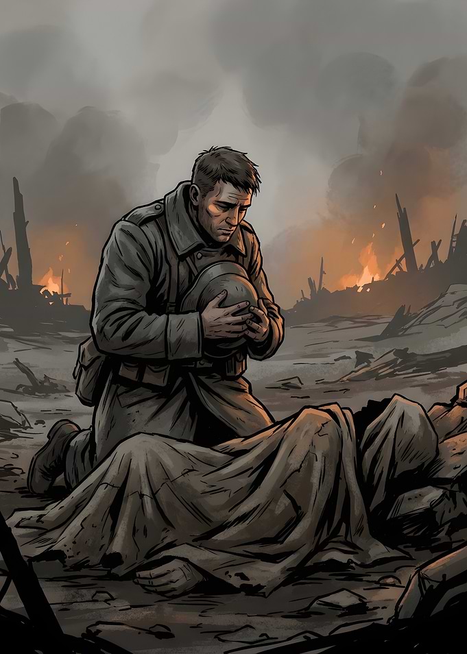 Soldier Mourning Fallen Comrade