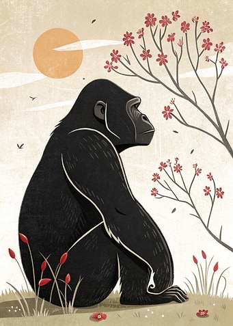 Gorilla Sitting Under Cherry Blossoms