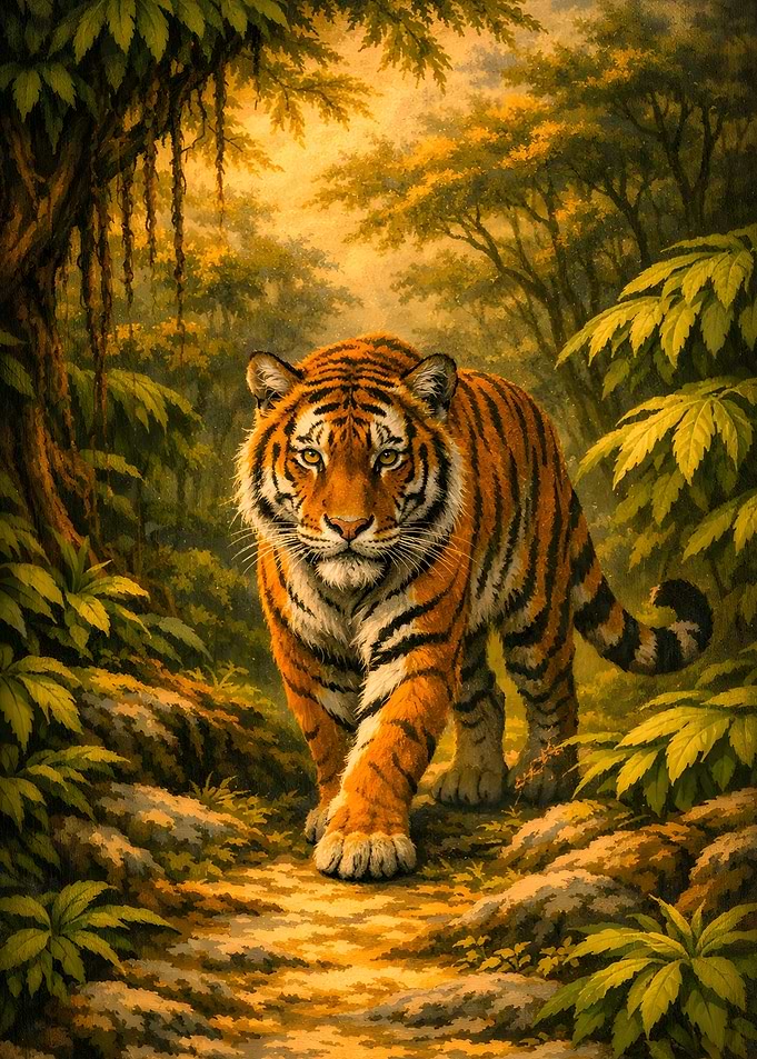 Bengal Tiger Walking In A Lush Tropical Forest