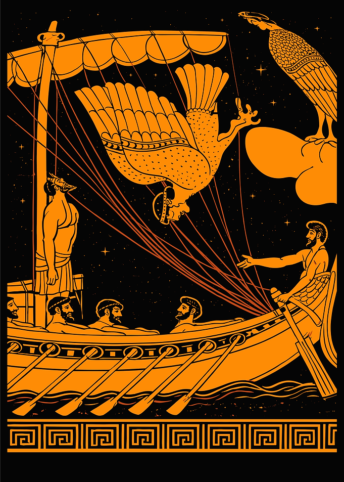 Greek Mythology Ship Scene with Eagles