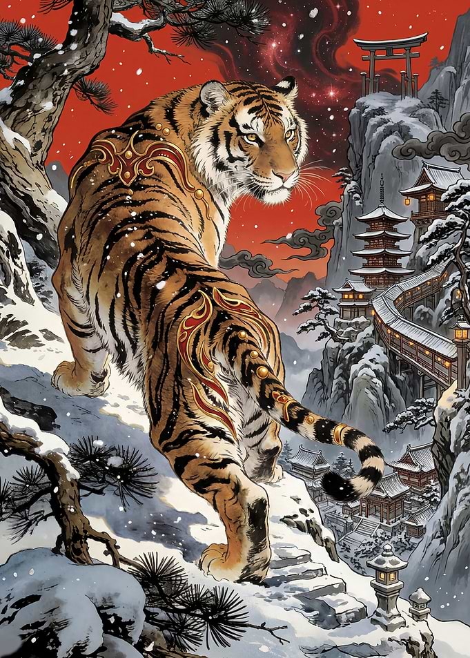 Tiger in a Snowy Japanese Landscape