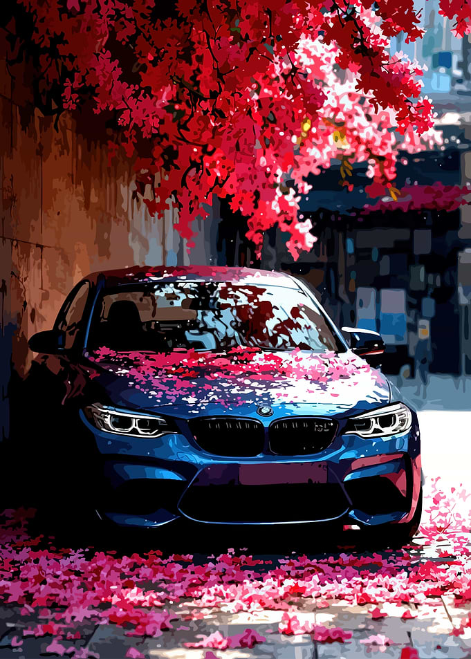 Blue BMW covered in pink petals