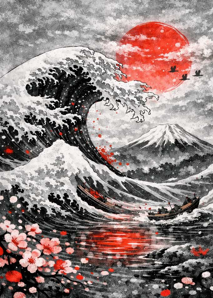 Great Wave with Red Sun and Cherry Blossoms
