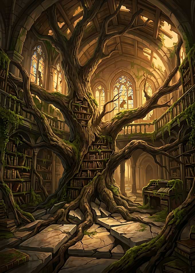 Enchanted Ancient Library Tree Fantasy Bookshelf Magic