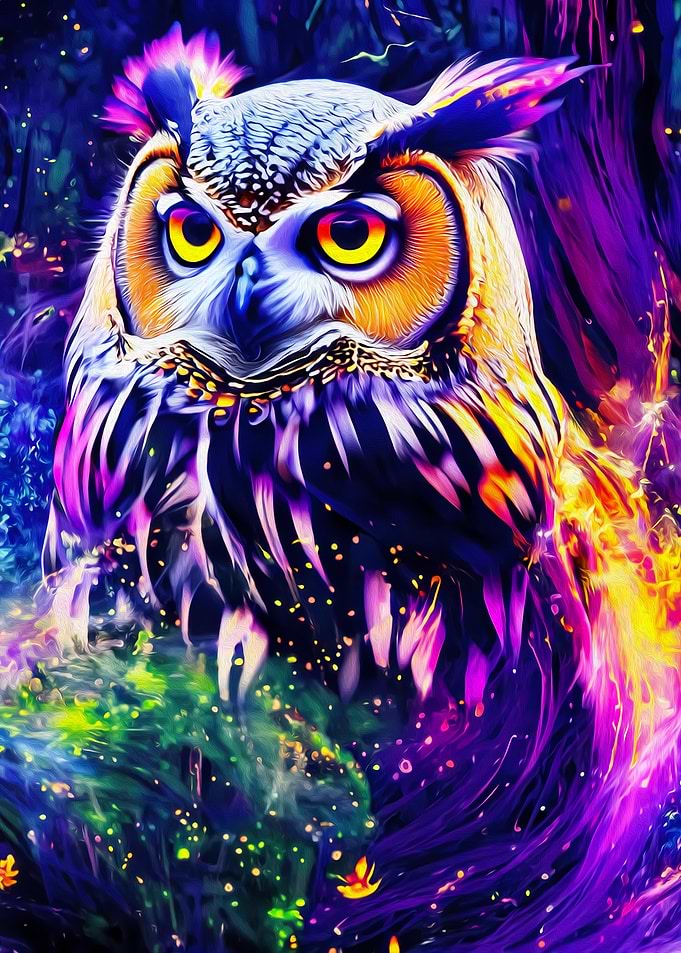 Vibrant Owl in Mystical Forest