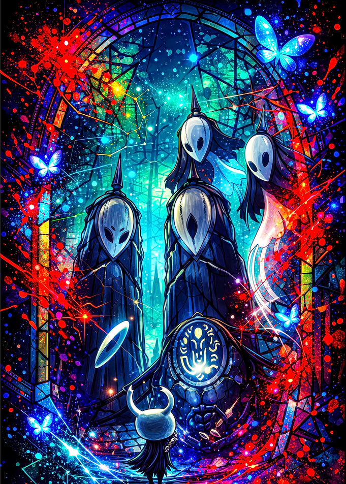 Hollow Knight Characters in Stained Glass Style