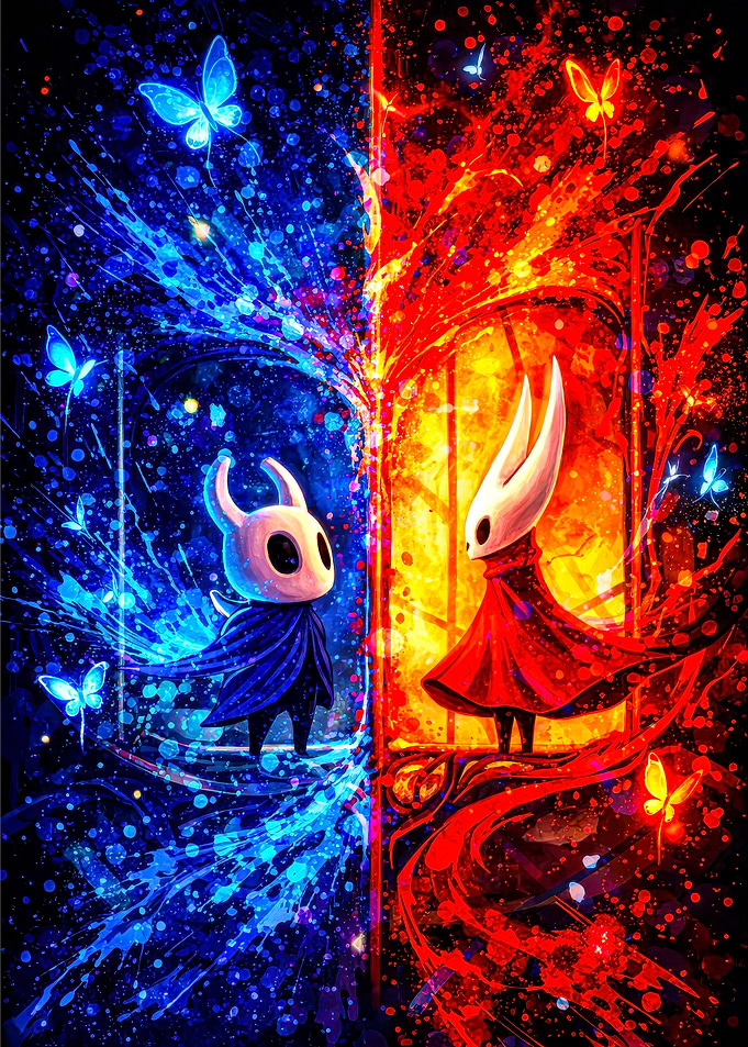 Hollow Knight Characters in Blue and Red Splatter Art