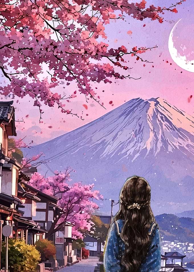 Girl admiring Mount Fuji with cherry blossoms