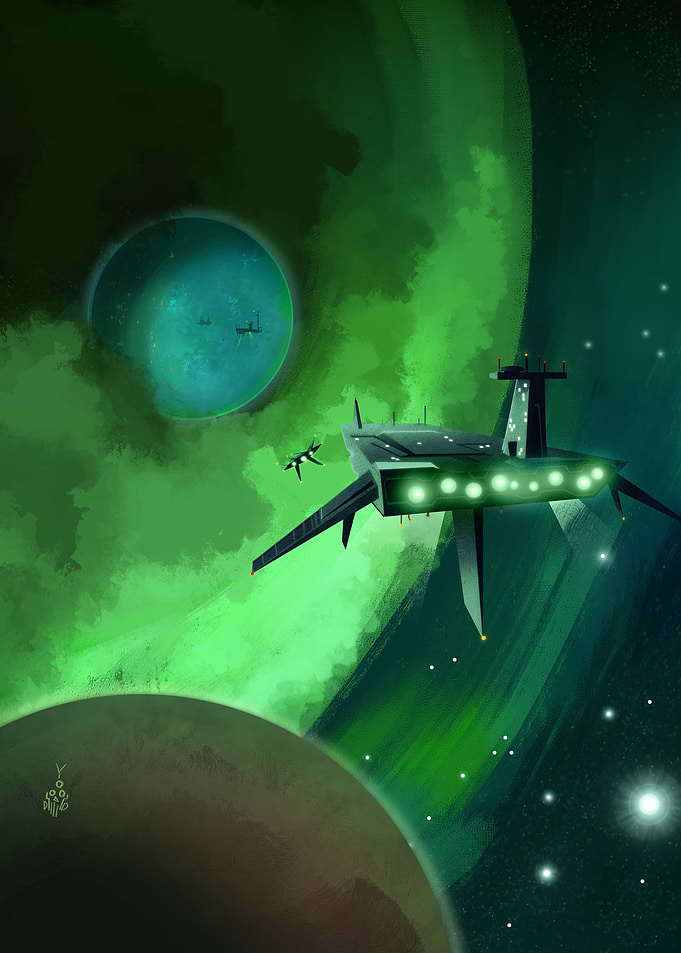 Sci-fi Spaceship in Green Nebula