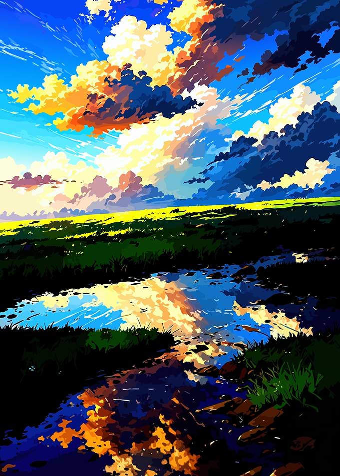 Vibrant Anime Landscape with Reflecting Sky