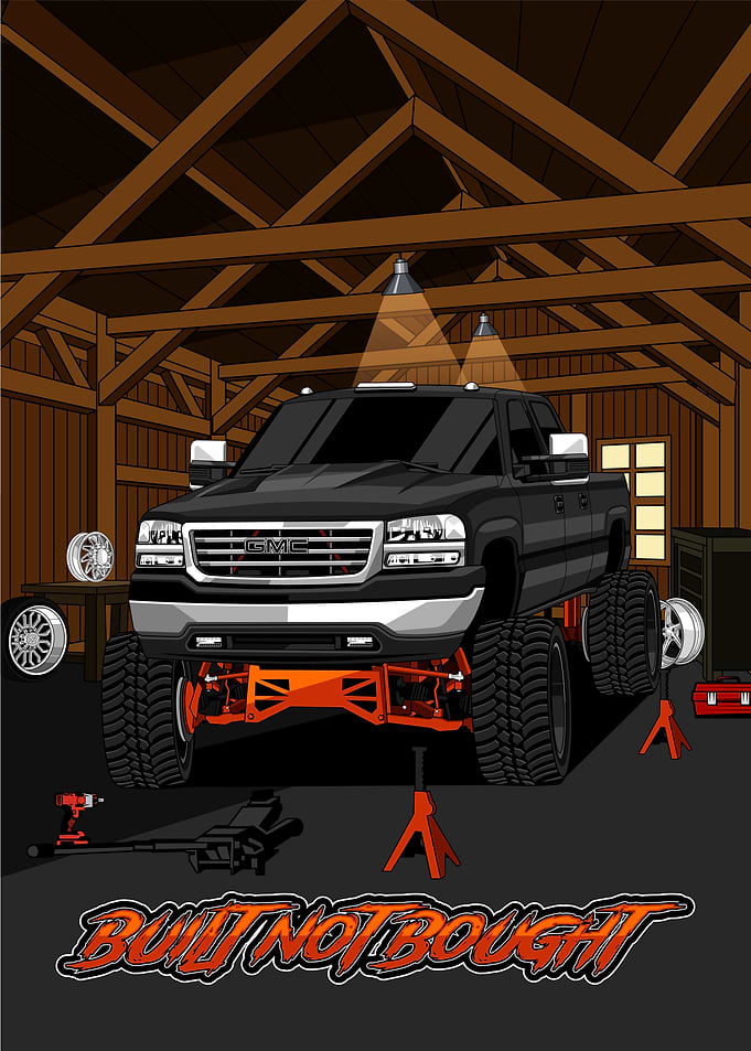 Custom Lifted GMC Truck in Garage
