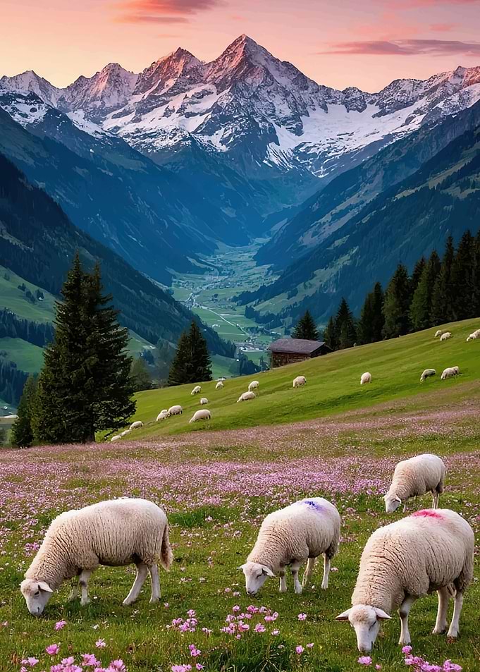 Sheep grazing in a mountain meadow