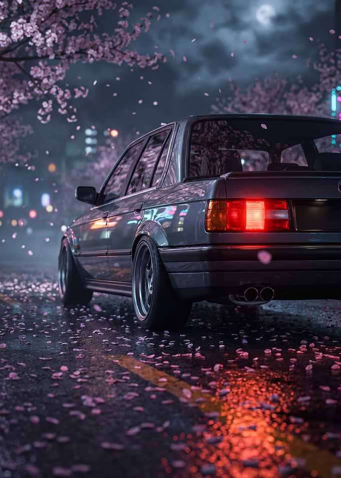 Car BMW E30 Cherry Blossoms at Night