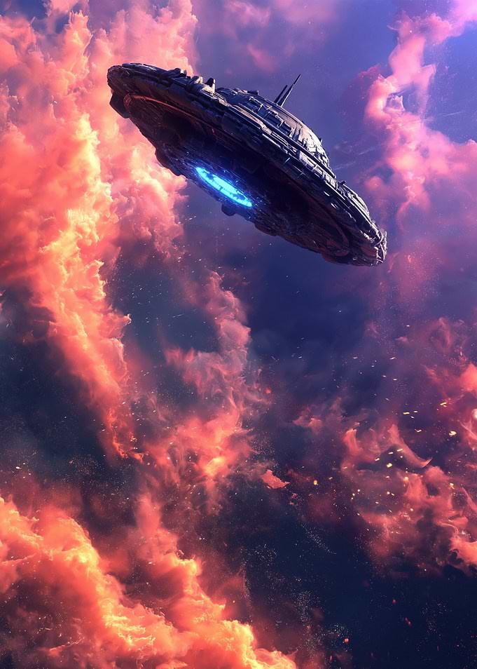 Alien Spaceship in Fiery Clouds