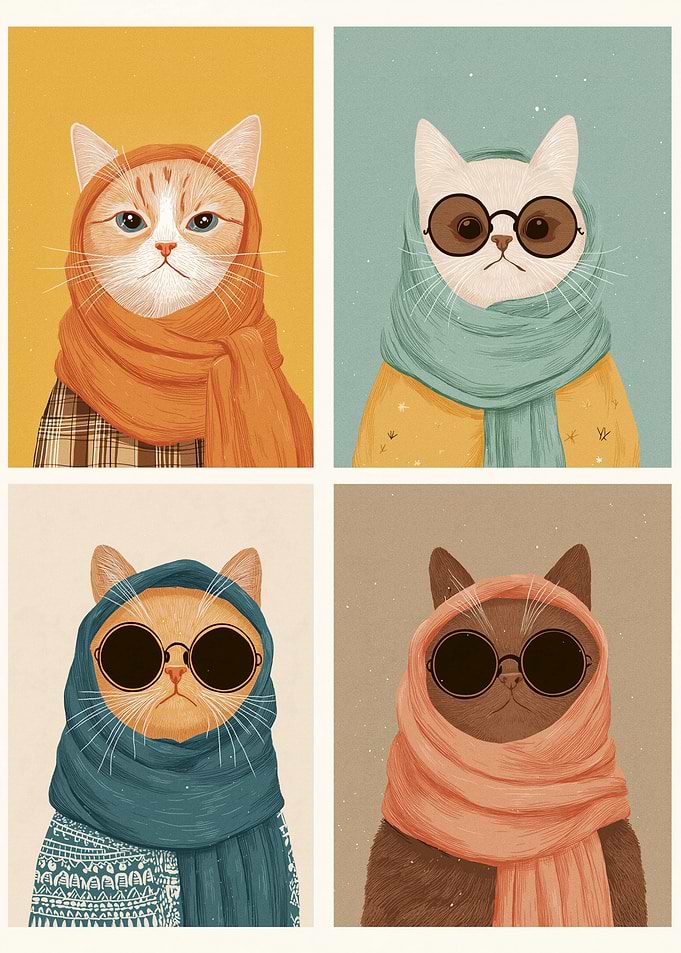 Four Cats in Scarves and Sunglasses