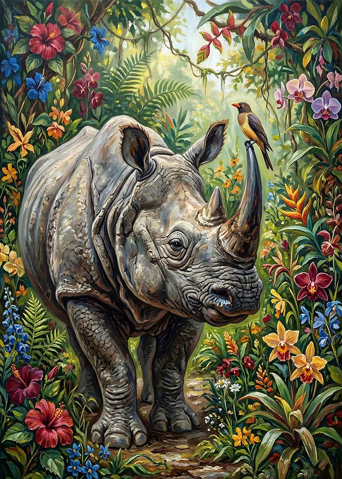 Rhinoceros with Bird in Jungle