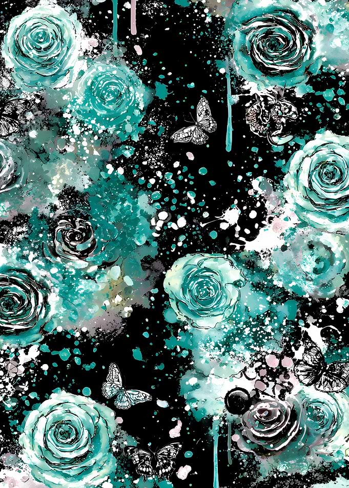 Teal Roses and Butterflies on Black