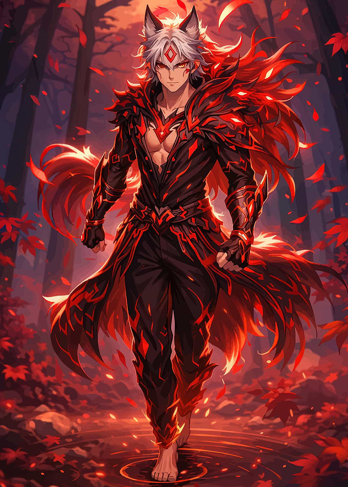 Anime Wolf Warrior in Red Forest