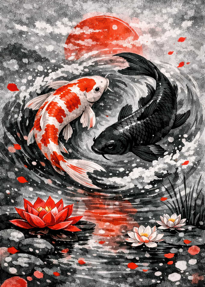 Yin Yang Koi Fish and Lotuses