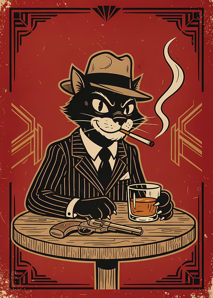 Art Deco Cat Mobster with Gun and Whiskey