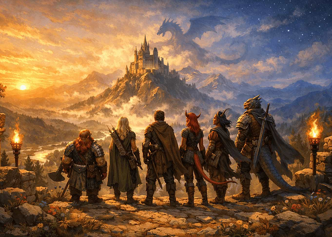 Fantasy Adventurers Facing Dragon and Castle