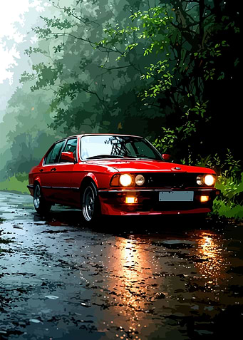 Red BMW on a Wet Forest Road