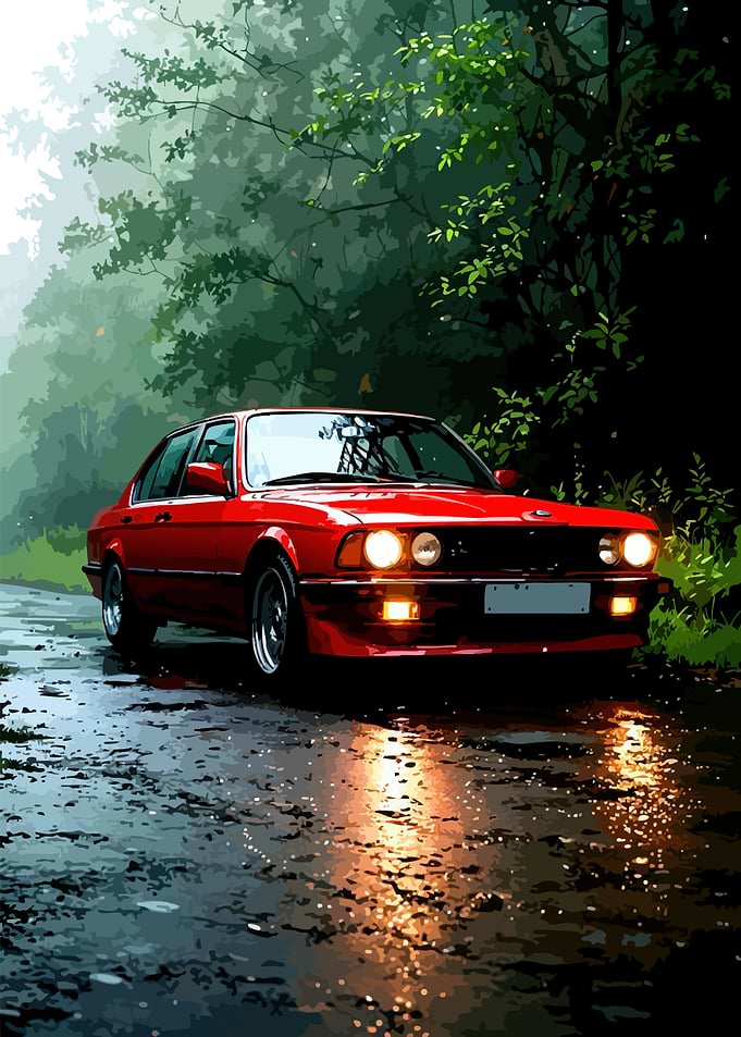 Red BMW on a Wet Forest Road