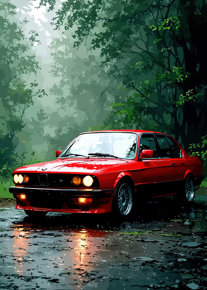 Red BMW E30 in a Forest
