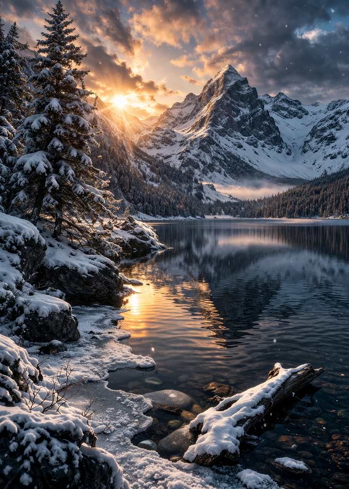 Snowy Mountain Lake at Sunset