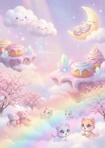 Dreamy Cloudscape with Cute Animals and Sweets