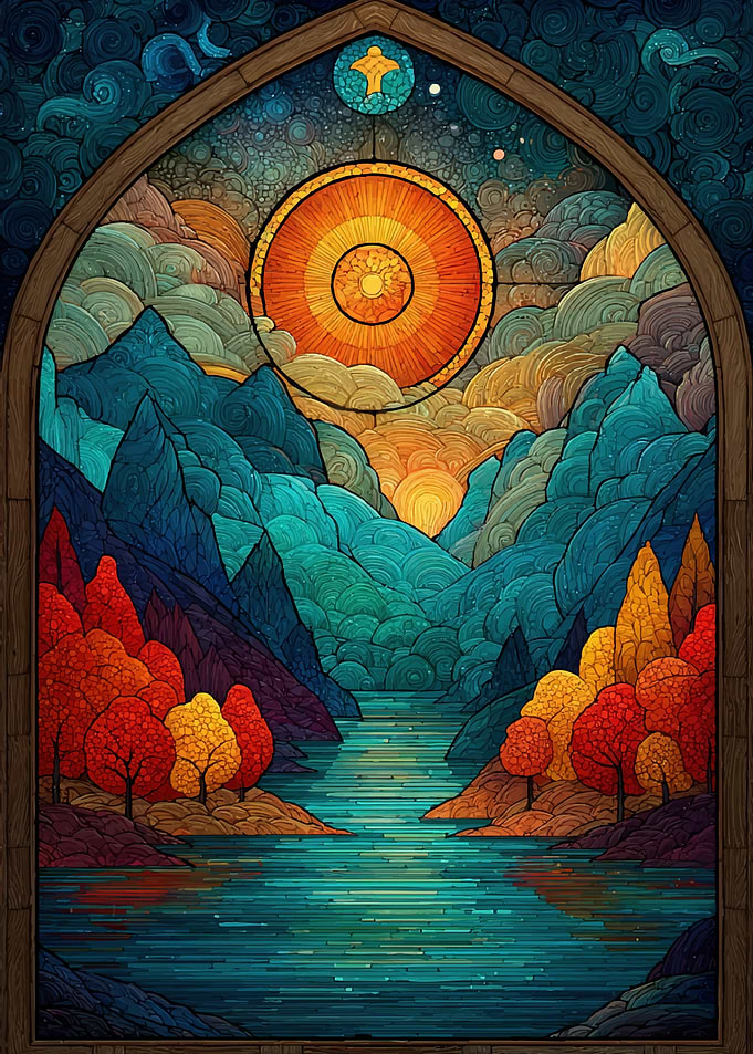 Stained Glass Mountain Landscape