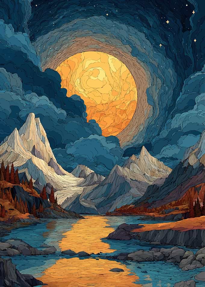 Surreal Mountain Lake Under a Giant Moon