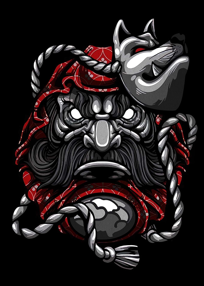 Japanese Oni Mask with Fox Mask