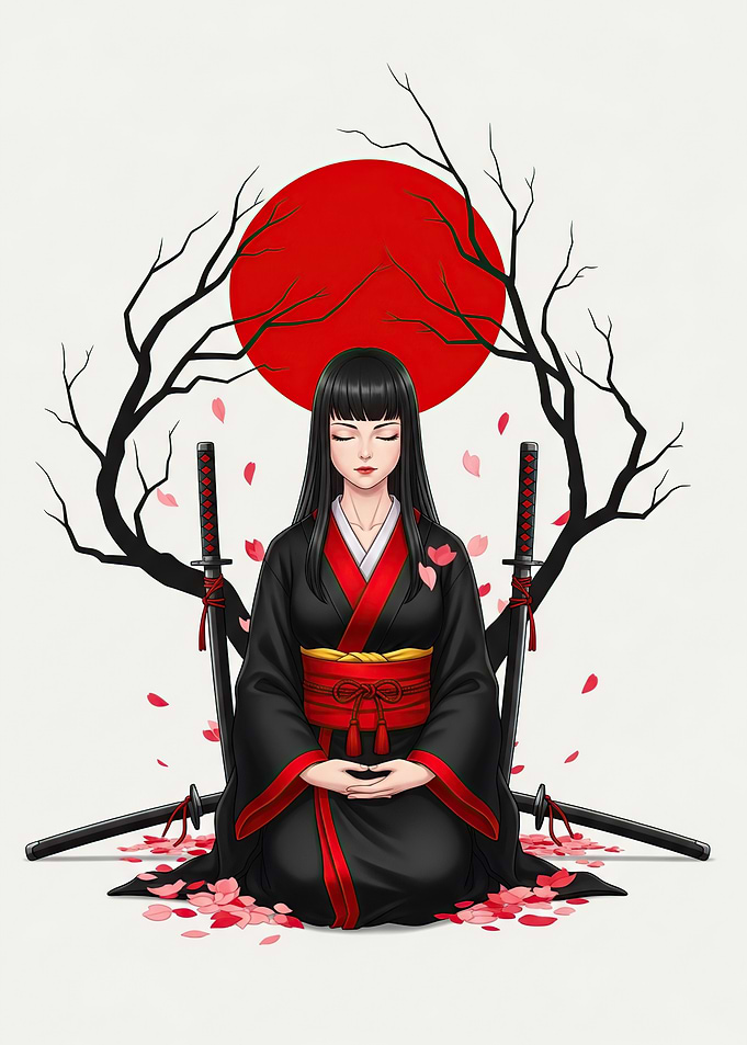 Meditating Samurai Woman with Swords