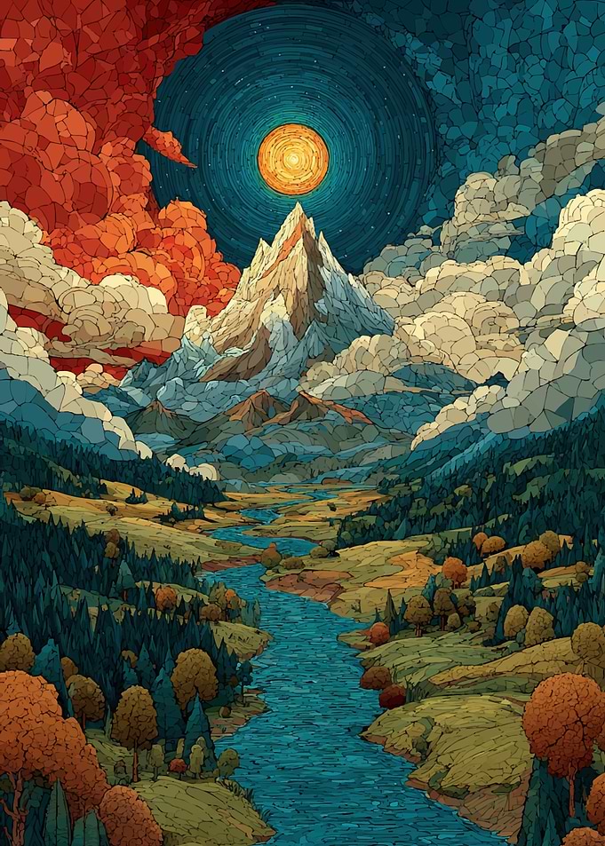 Mountain Landscape with River and Sun