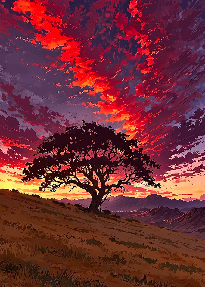 Silhouette of a tree against a dramatic sunset